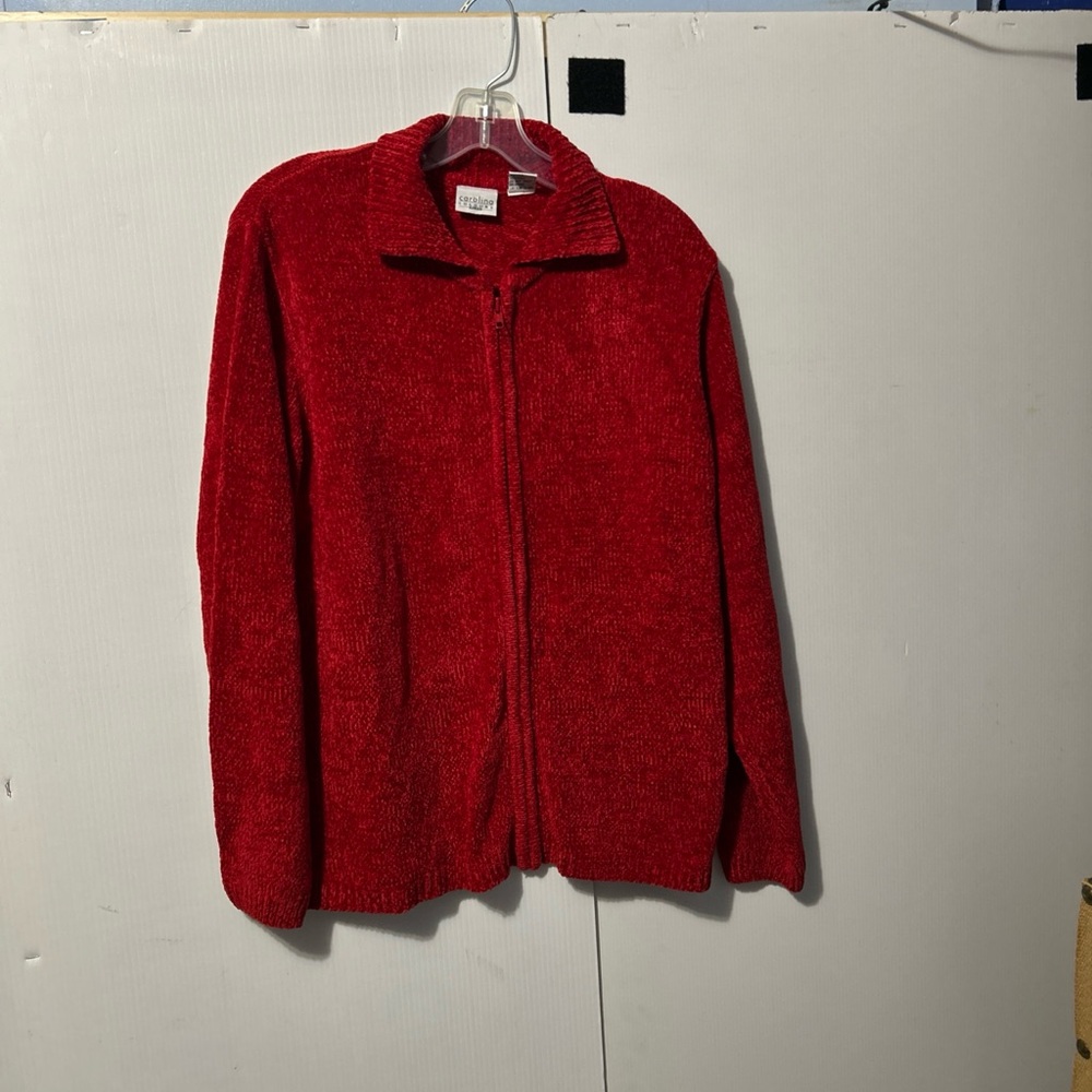Vintage Ladies Red Sweater Cardigan-Full Zip-14/16 Carolina Colours Retro